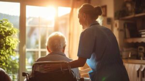 Care staff assisting seniors in a cozy common area, with attentive interactions and supportive presence evident.