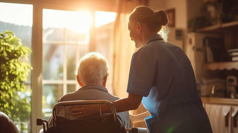 Care staff assisting seniors in a cozy common area, with attentive interactions and supportive presence evident.
